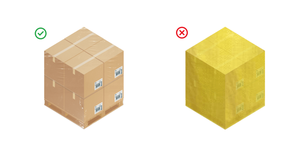 Pallet com etiqueta e embrulho corretos para envio, com etiquetas visíveis e filme plástico transparente.