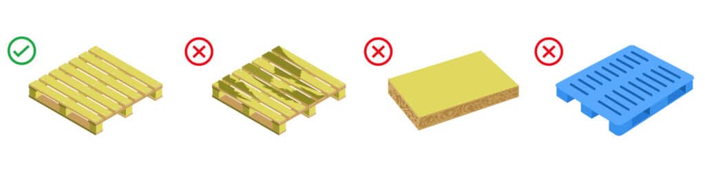 Exemplo de pallets permitidos e não permitidos para envio FBA Amazon, mostrando tipos adequados e inadequados de pallets.