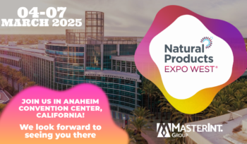 Banner da MasterInt. Group para a Expo West 2025, de 4 a 7 de março no Anaheim Convention Center, Califórnia, destacando convite e logotipos.